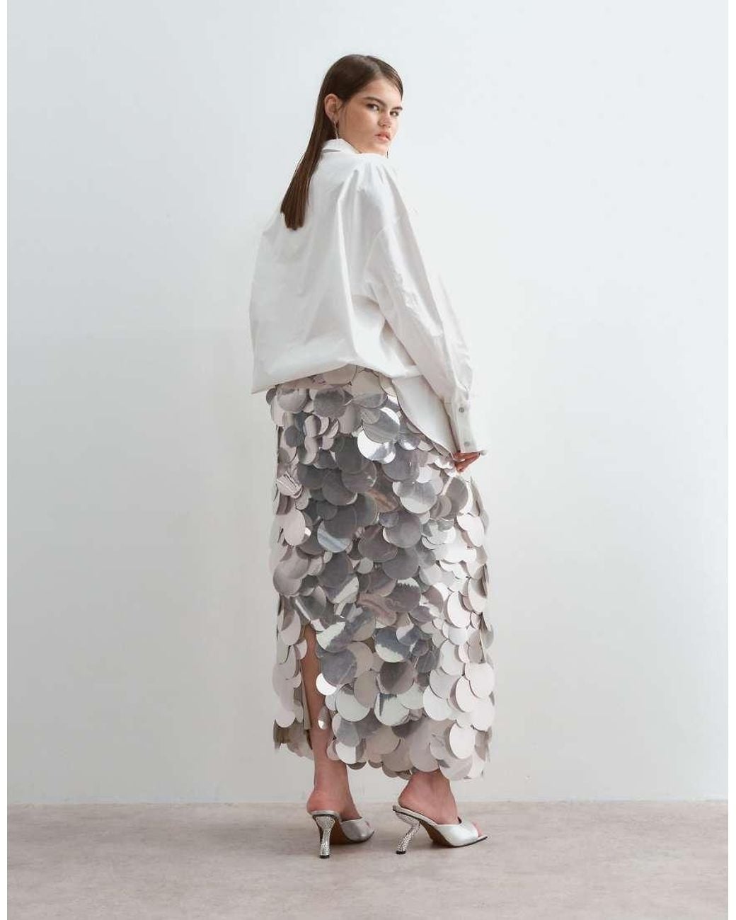 ARRANGE White Curve Mirror Paillette Column Maxi Skirt