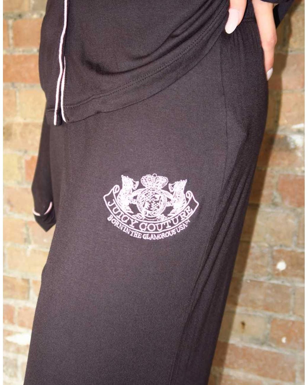 Juicy Couture Black Dog Crest Long Sleeve Revere Pyjama Set With Contrast Piping Detail