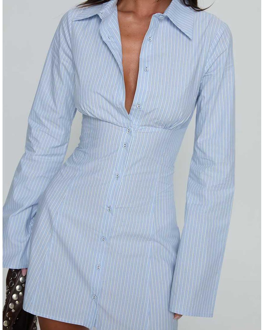 Princess Polly Blue Cinch Waist Button Up Wide Sleeve Mini Dress