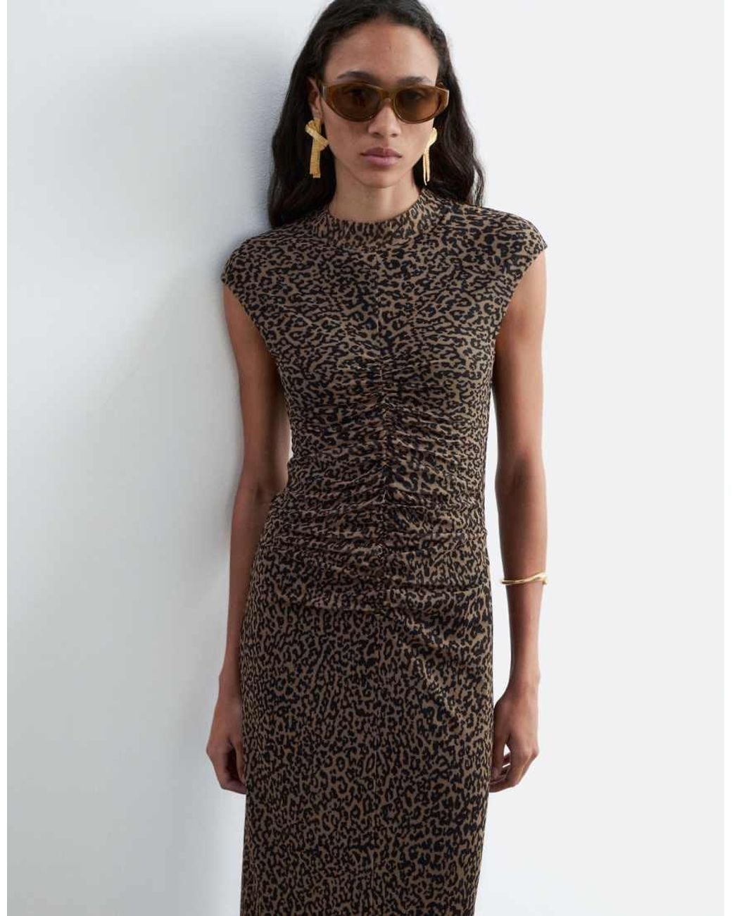 & Other Stories Brown High Neck Mesh Midi Dress With Ruche Detail