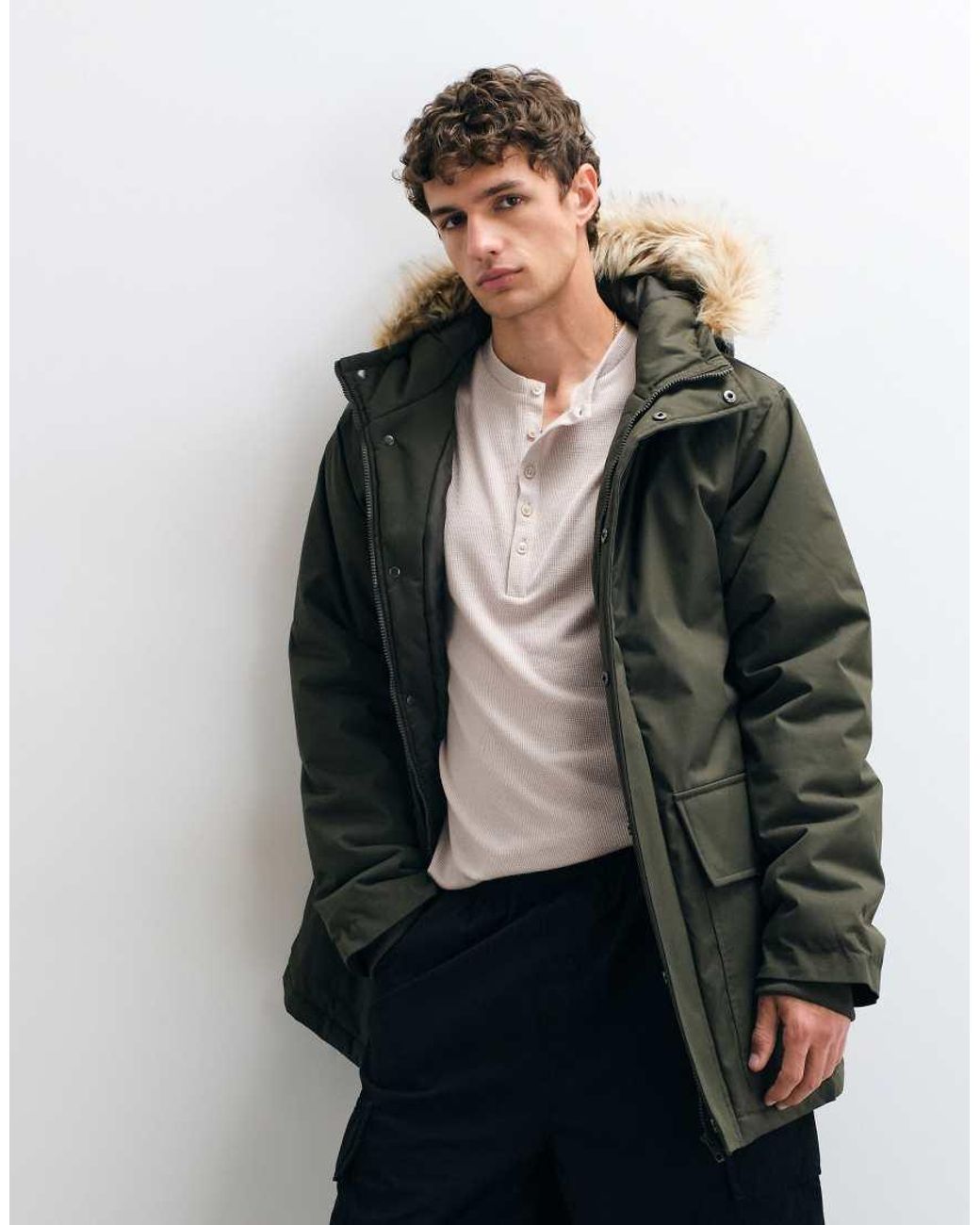 French Connection Gray Faux Fur Hood Detail Padded Parka Jacket for men