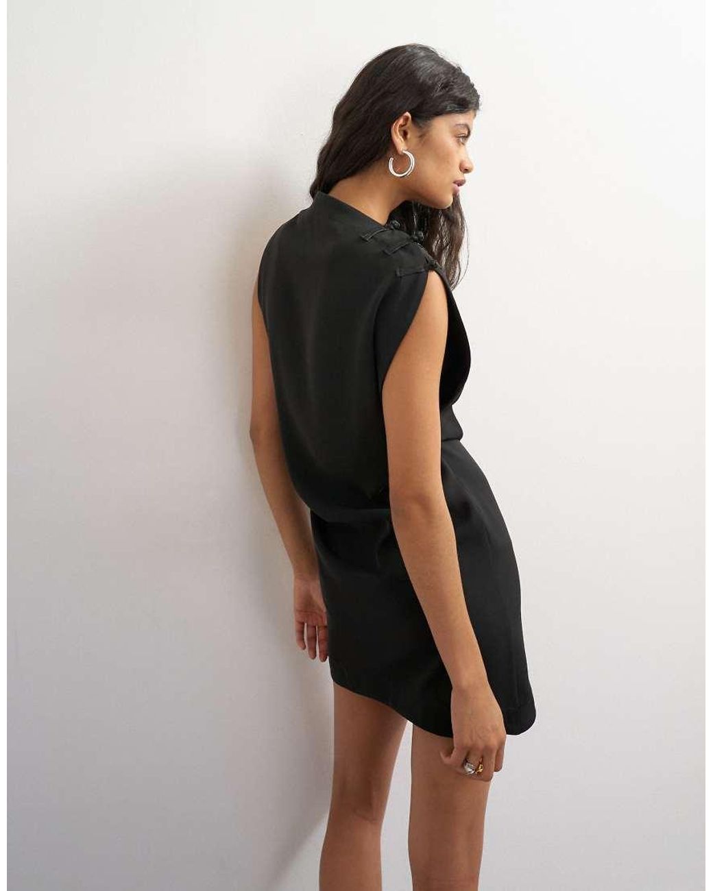 TOPSHOP Black Heavy Crepe Asymmetric Mini Dress With Satin Shoulder Clasps