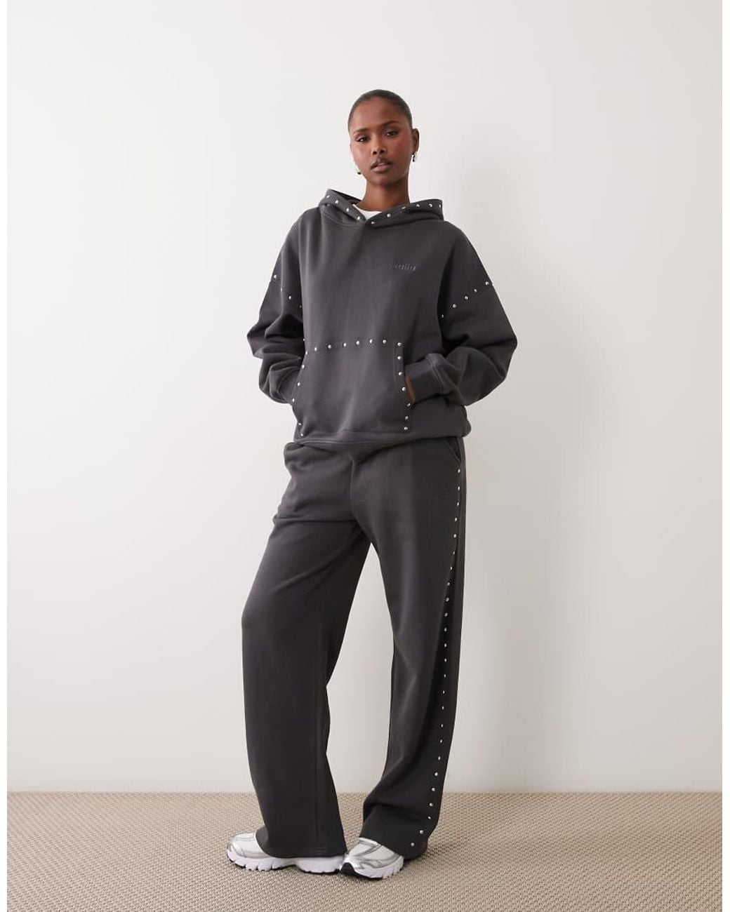 Kaiia Gray Cotton Rich Studded Oversized Embroidered Logo Hoodie