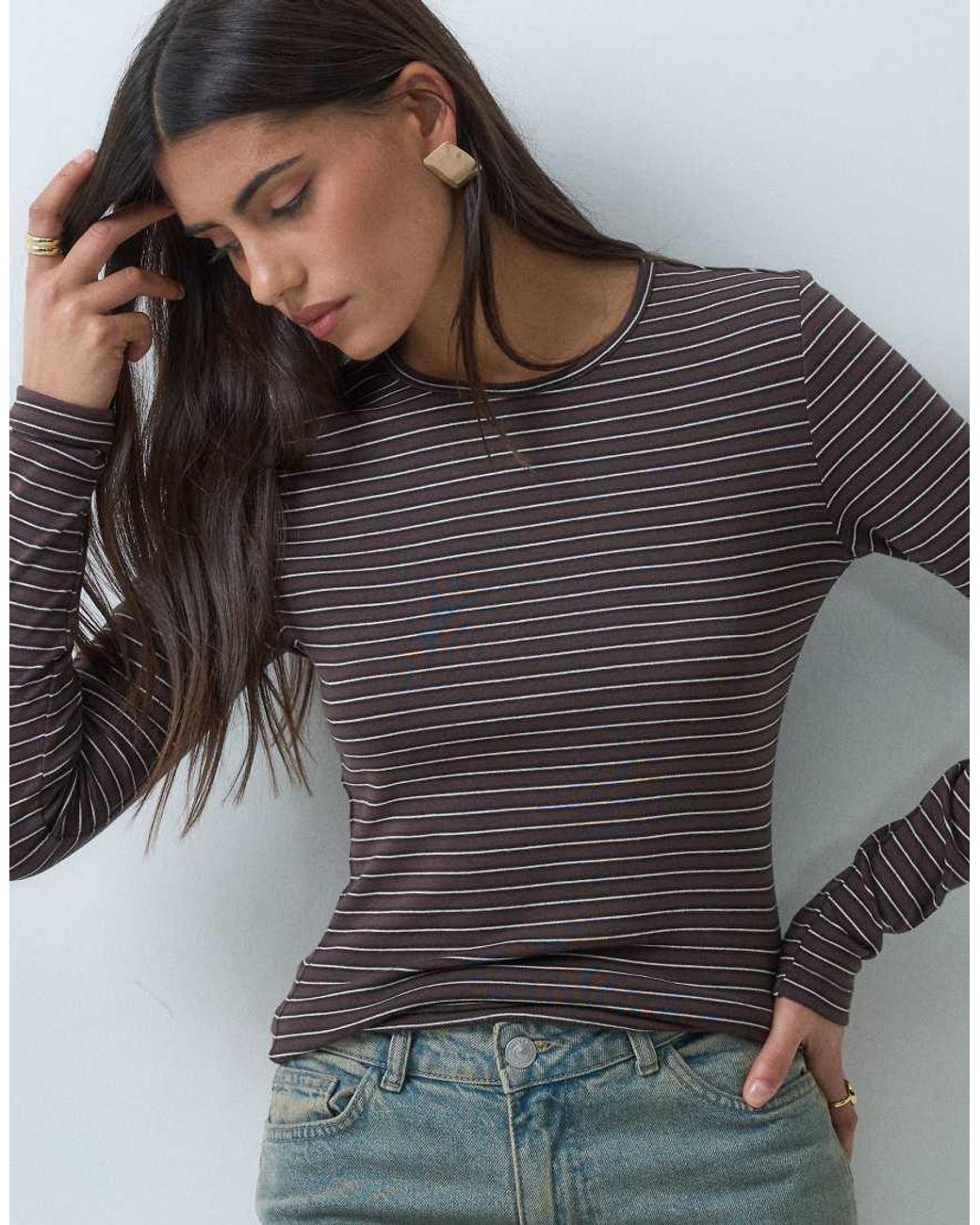 Gina Tricot Brown Jersey Rib Round Neck Long Sleeve Top