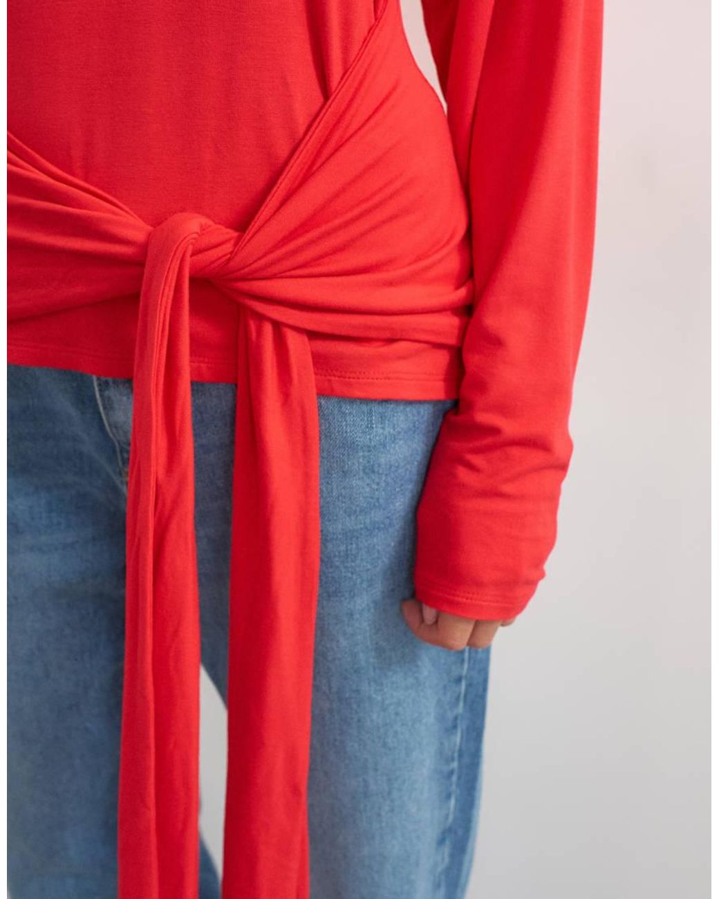 TOPSHOP Red Long Sleeve Knot Front Drapey Top