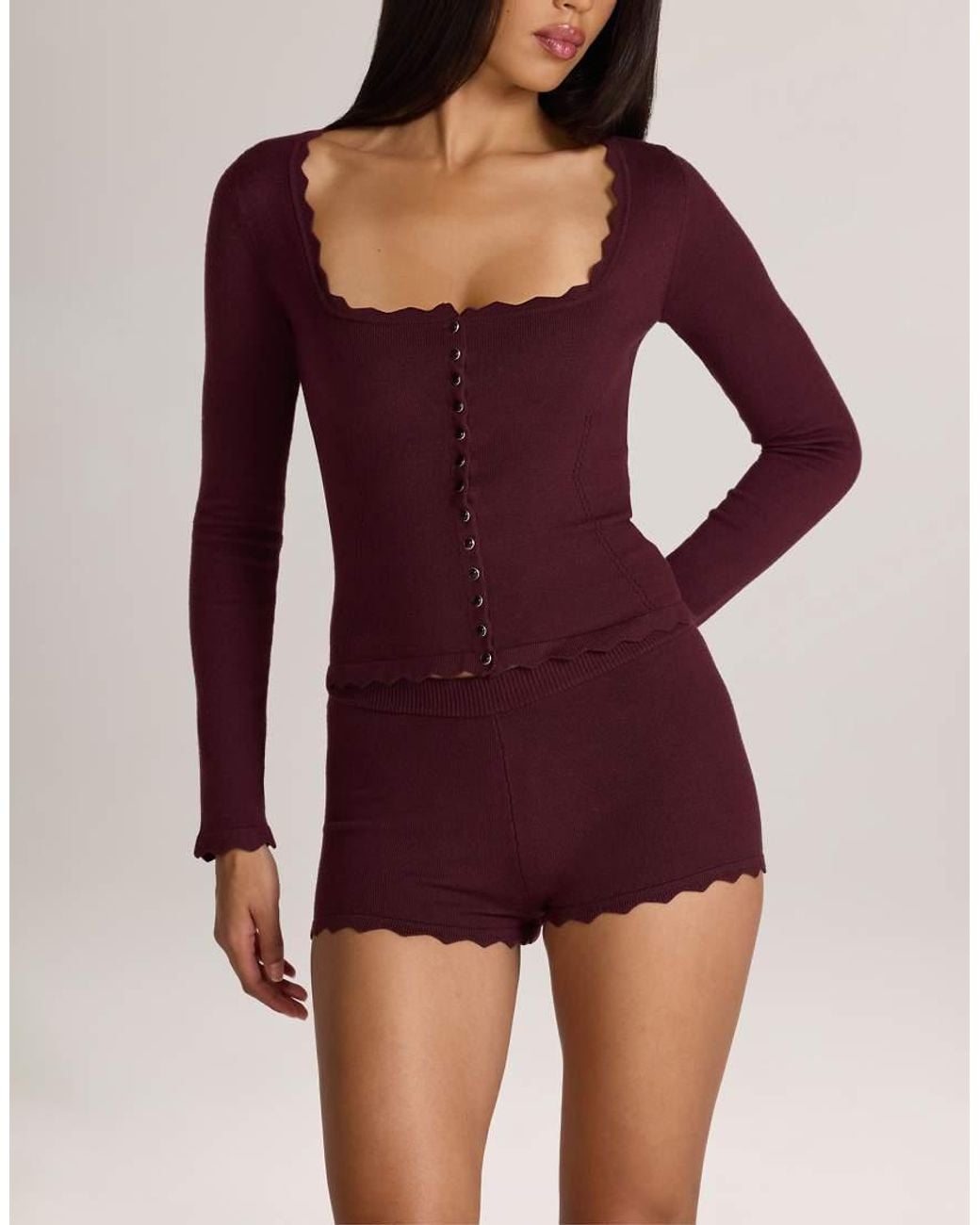 Oh Polly Purple Square Neck Scalloped Edge Long Sleeve Cardigan