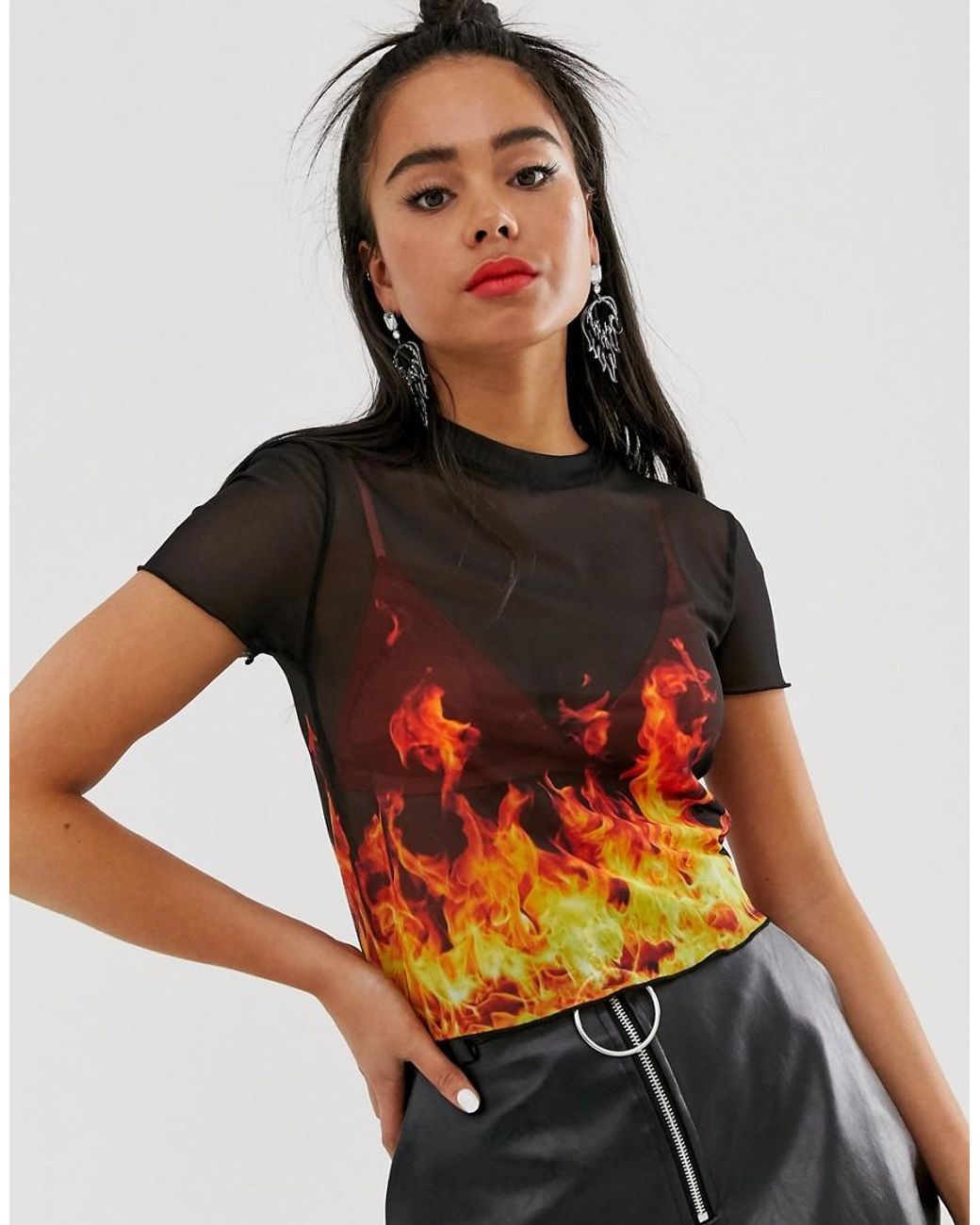 Bershka Denim Fire Print T-shirt in 