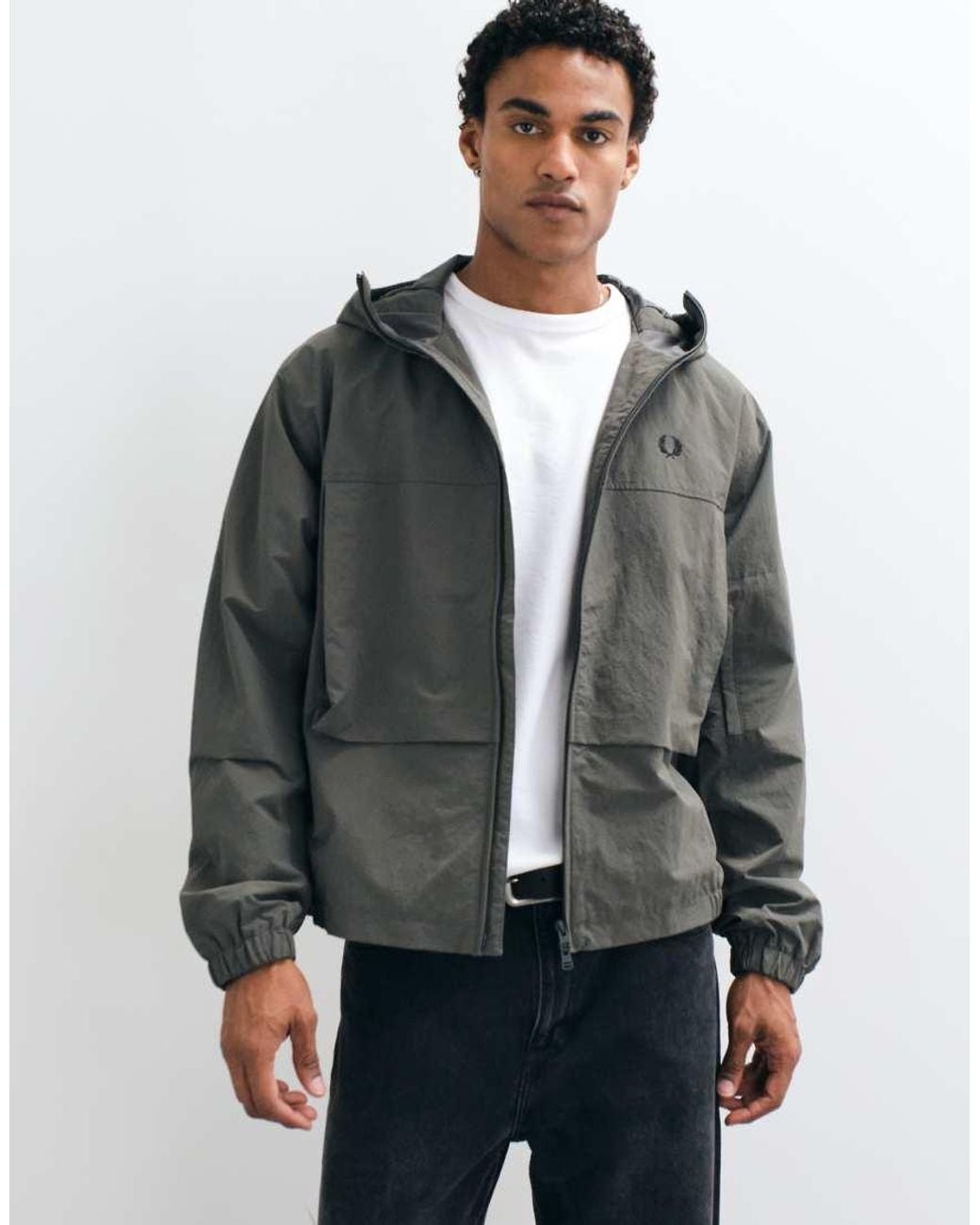Fred Perry Gray Zip Through Boxy Hooded Logo Jacket for men