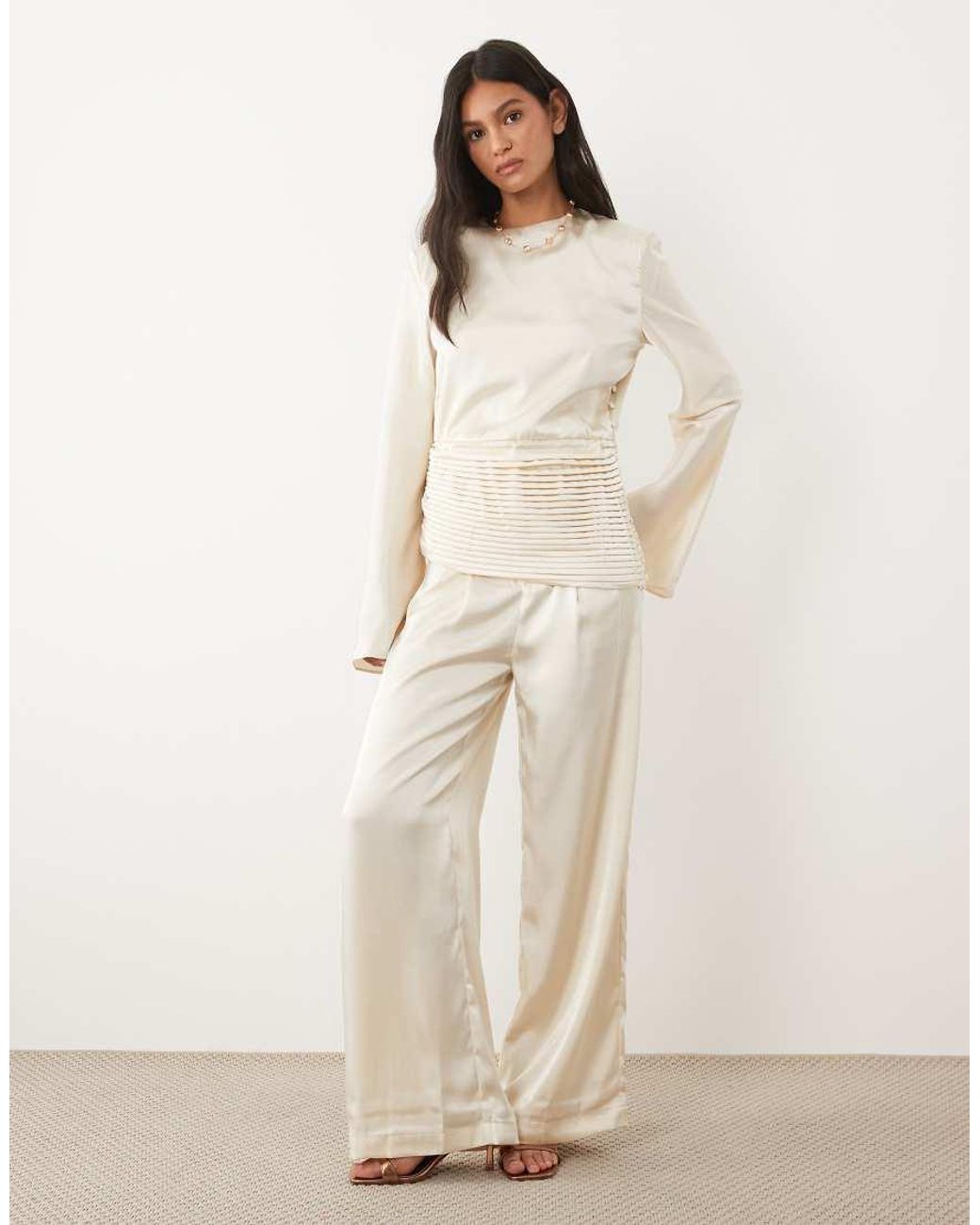 JW PEI Natural Satin Draped Waist Bell Sleeve Top