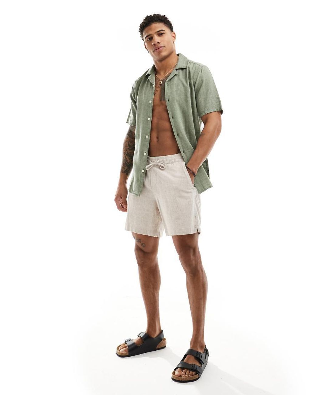 Only & Sons Green Linen Mix Revere Collar Shirt for men