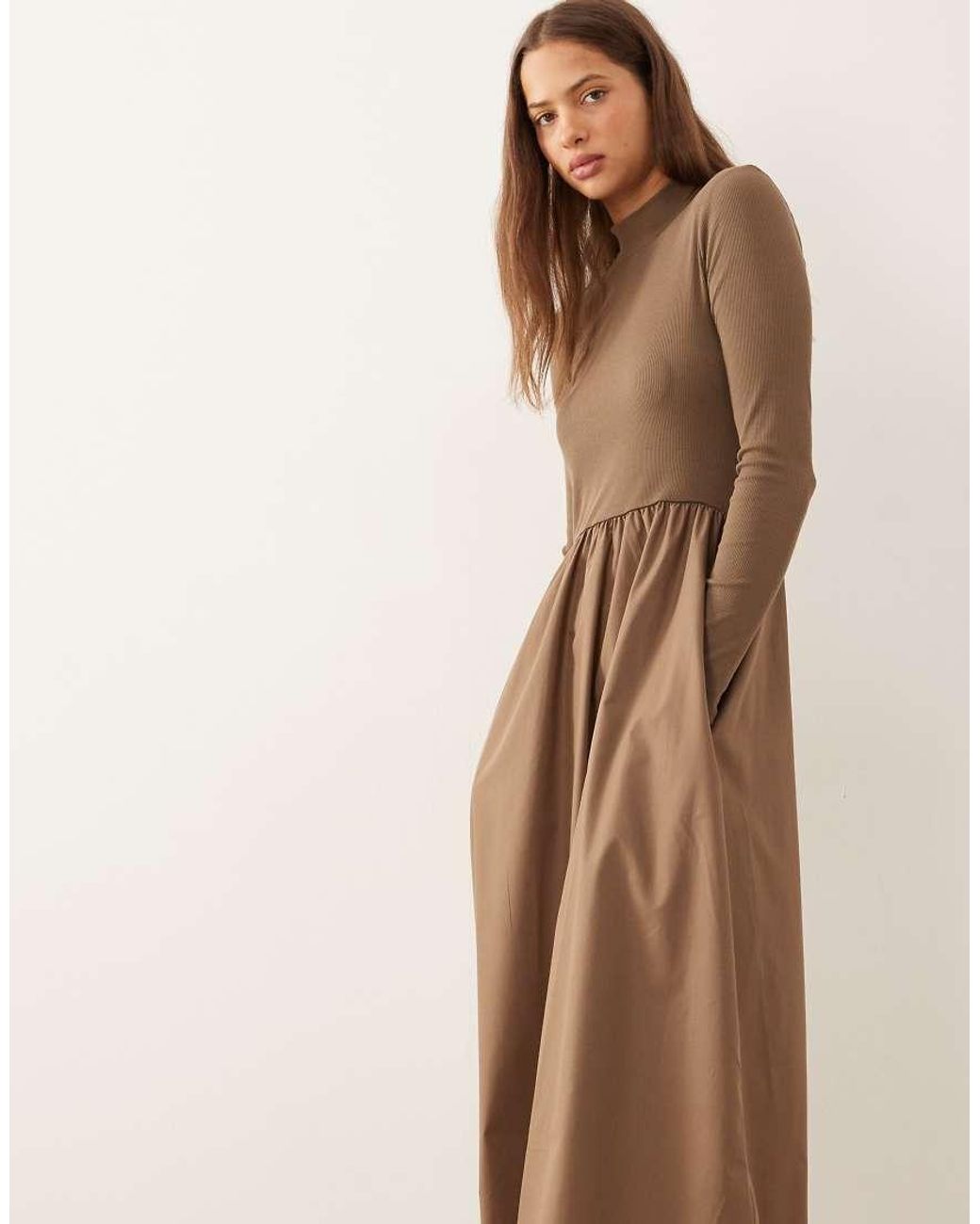 Threadbare Natural High Neck Jersey Poplin Mix Midi Dress
