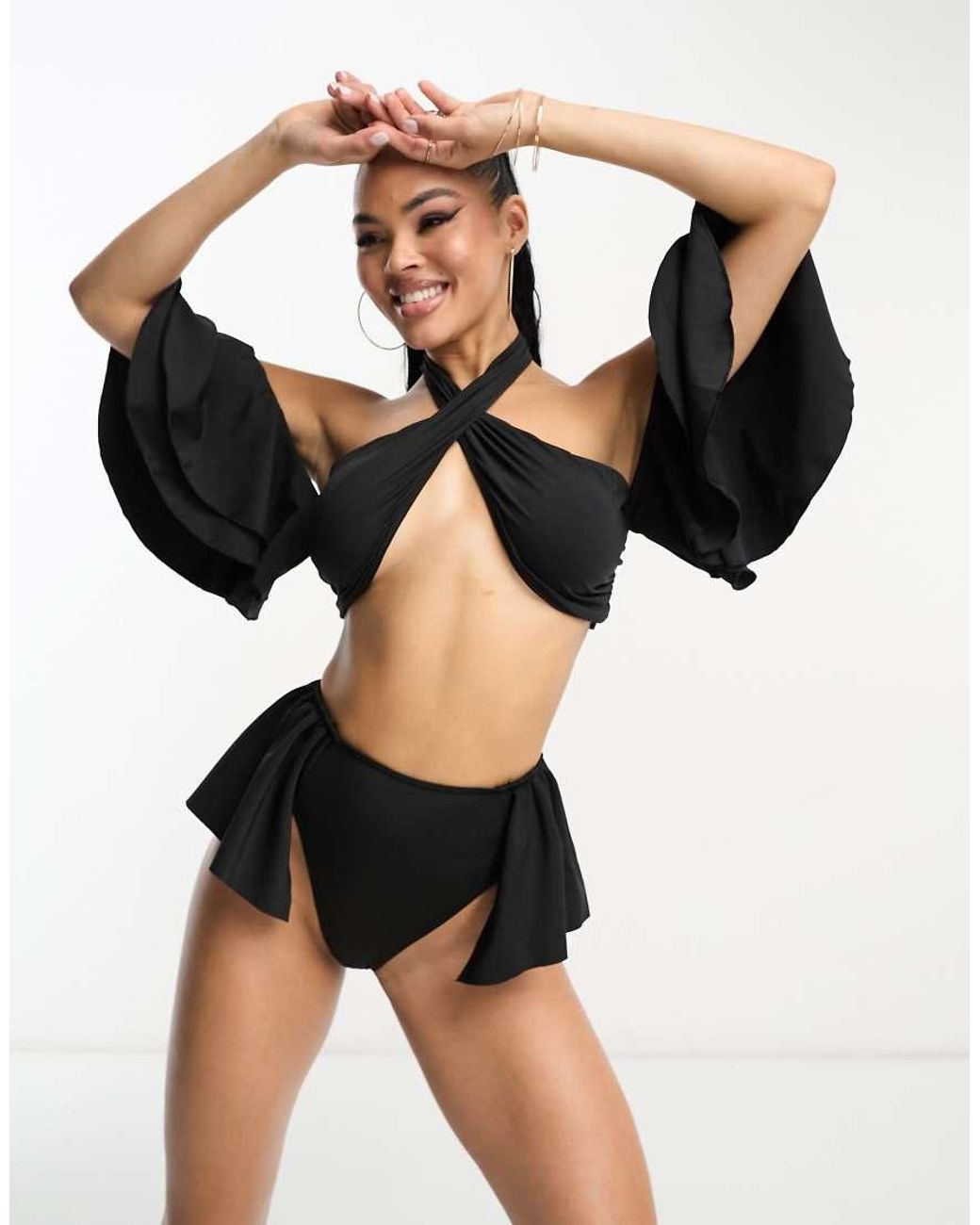 ASOS Black Frill Hem High Leg Bikini Bottom