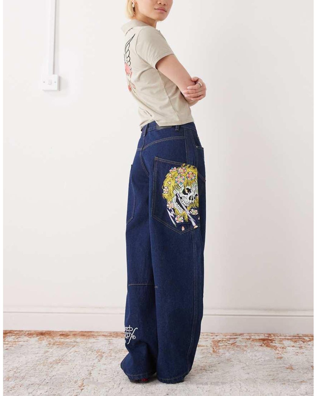 Ed Hardy Blue Gothic Skull Relaxed Balloon Jeans