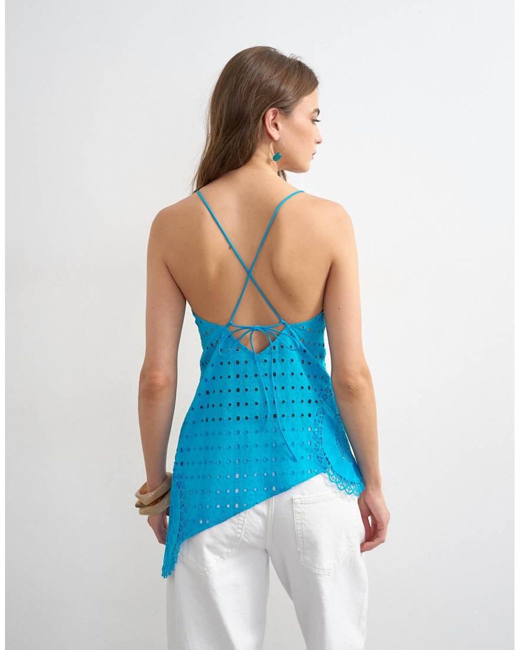 TOPSHOP Blue Broderie Embroidered Tie Back Cami