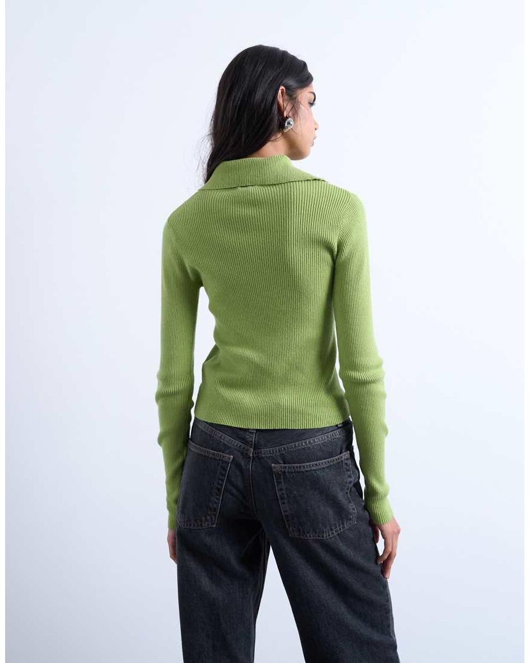 TOPSHOP Green Knitted Rib Collar Polo