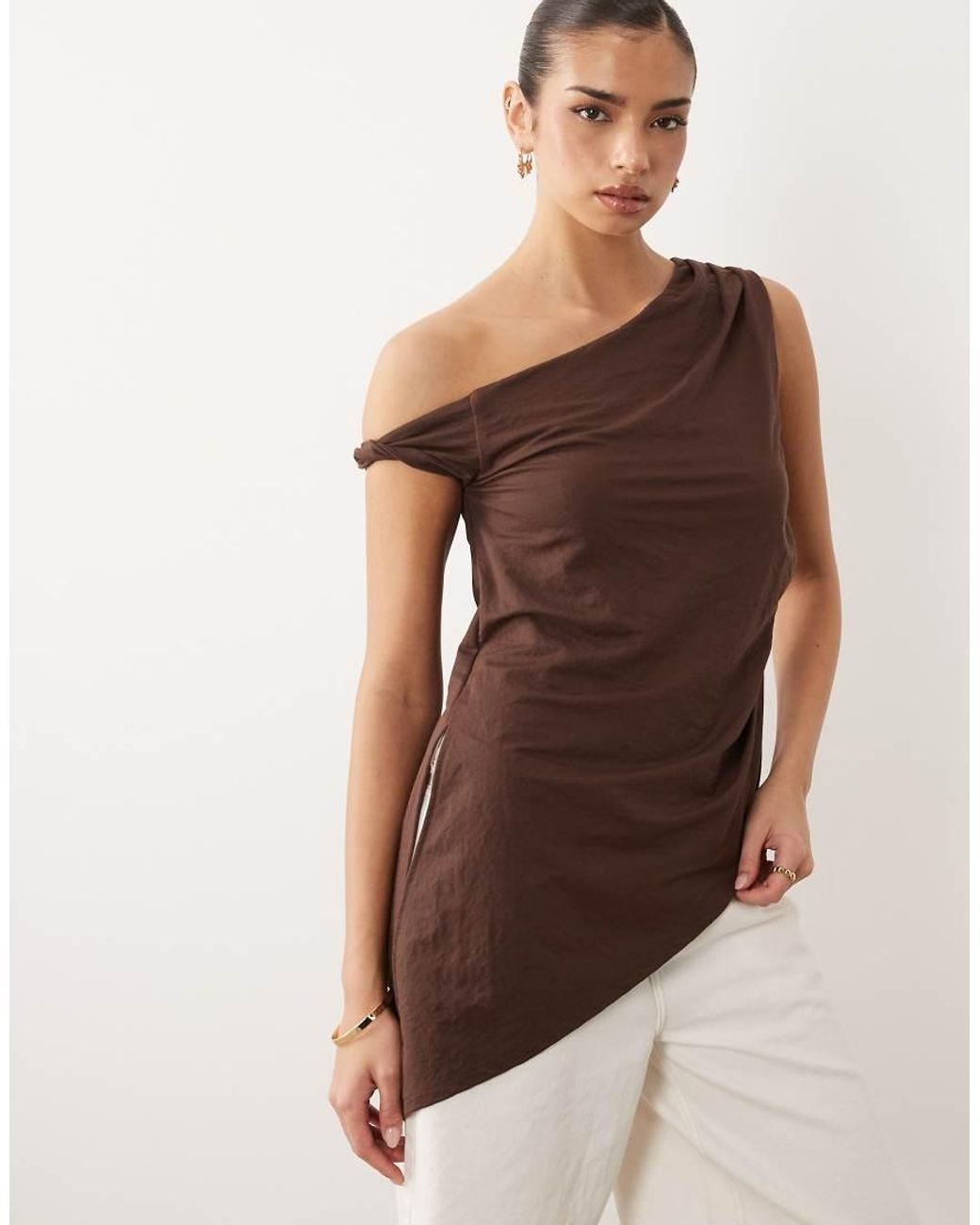 ASOS Natural Mix & Match Linen Look Longline Top With Asymmetric Hem