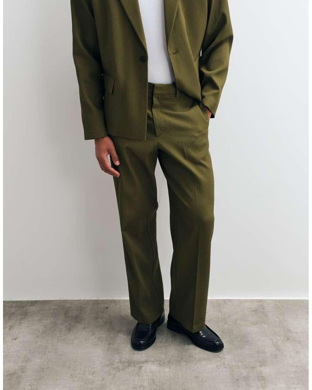 ASOS Green Rib Texture Wide Suit Trousers for men