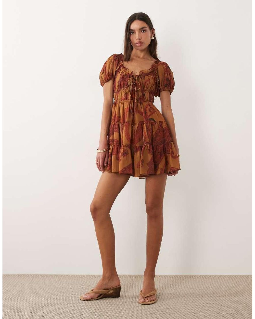 ASOS Brown Boho Ruffle Puff Sleeve Mini Dress