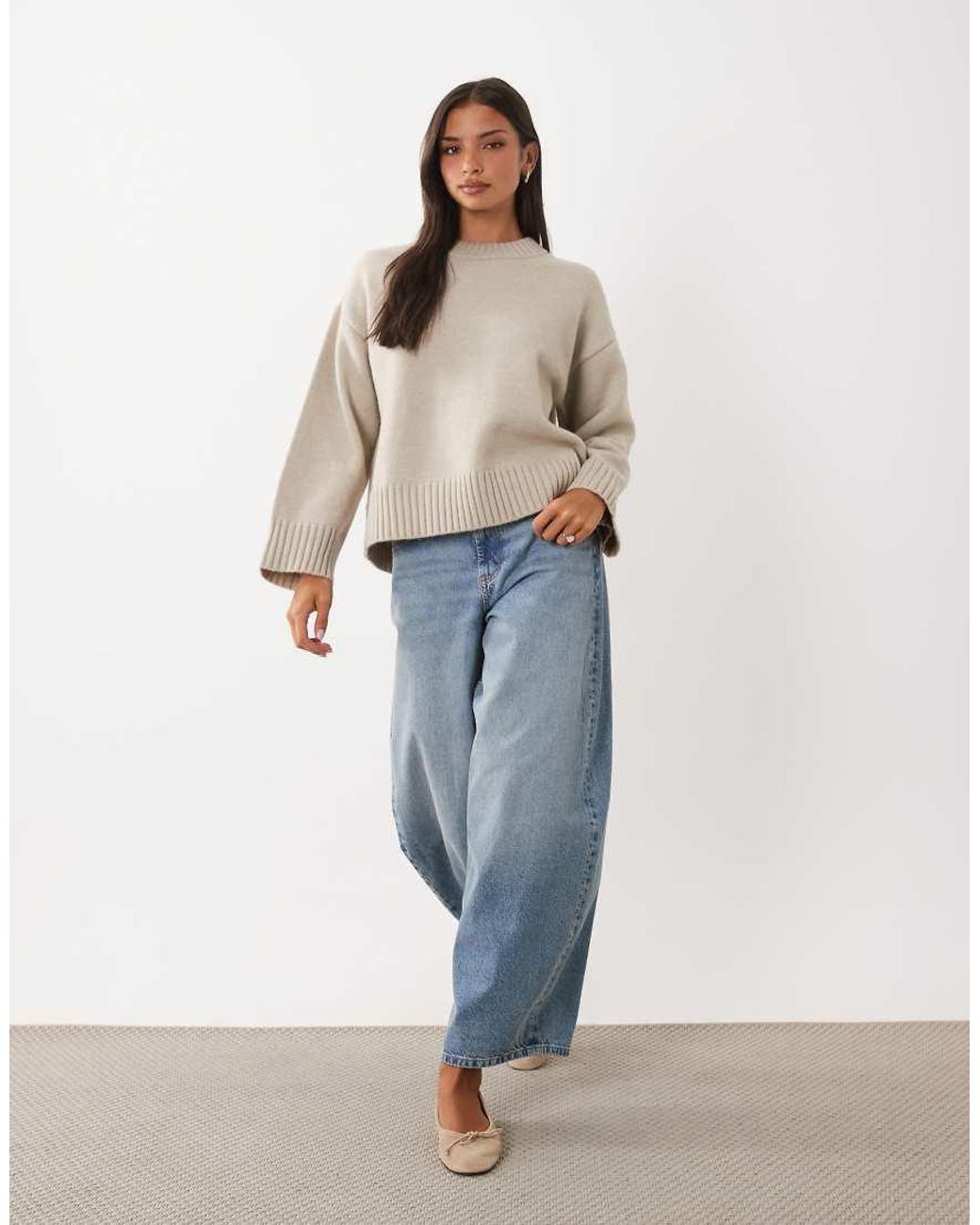 Gina Tricot Natural Crew Neck Knitted Sweater With Wide Sleeves