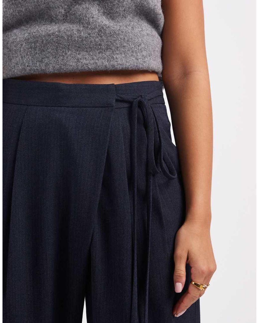 ASOS Blue Tailored Wide Leg Trousers With Wrap Tie Detail