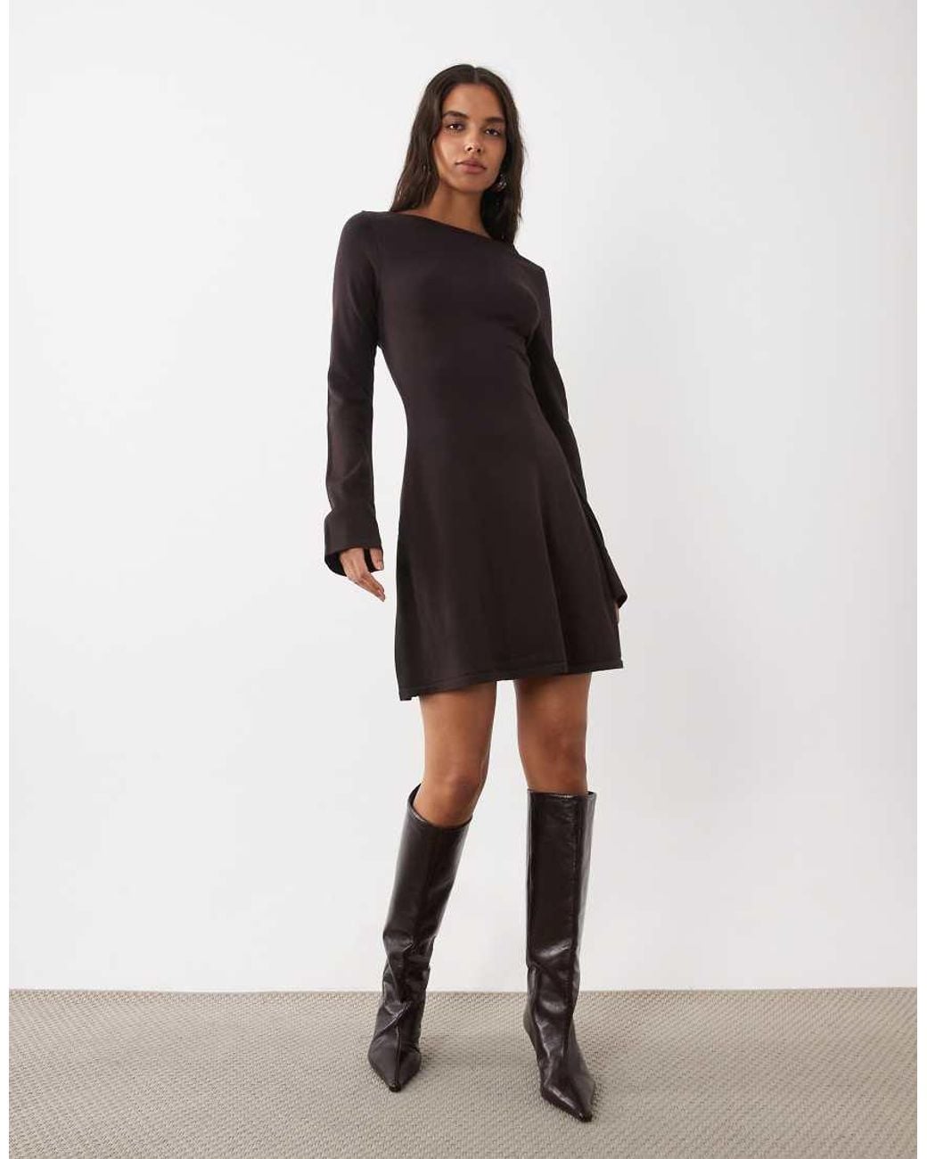 Kaiia Black Exclusive Knitted Slash Neck Cowl Back Skater Mini Dress