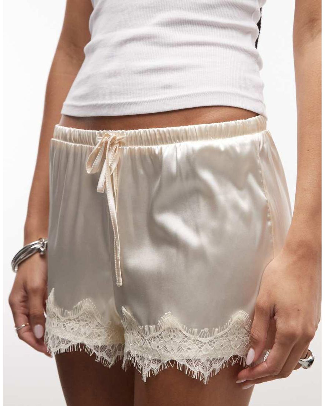 Noisy May Gray Low Rise Satin Shorts With Lace Hem