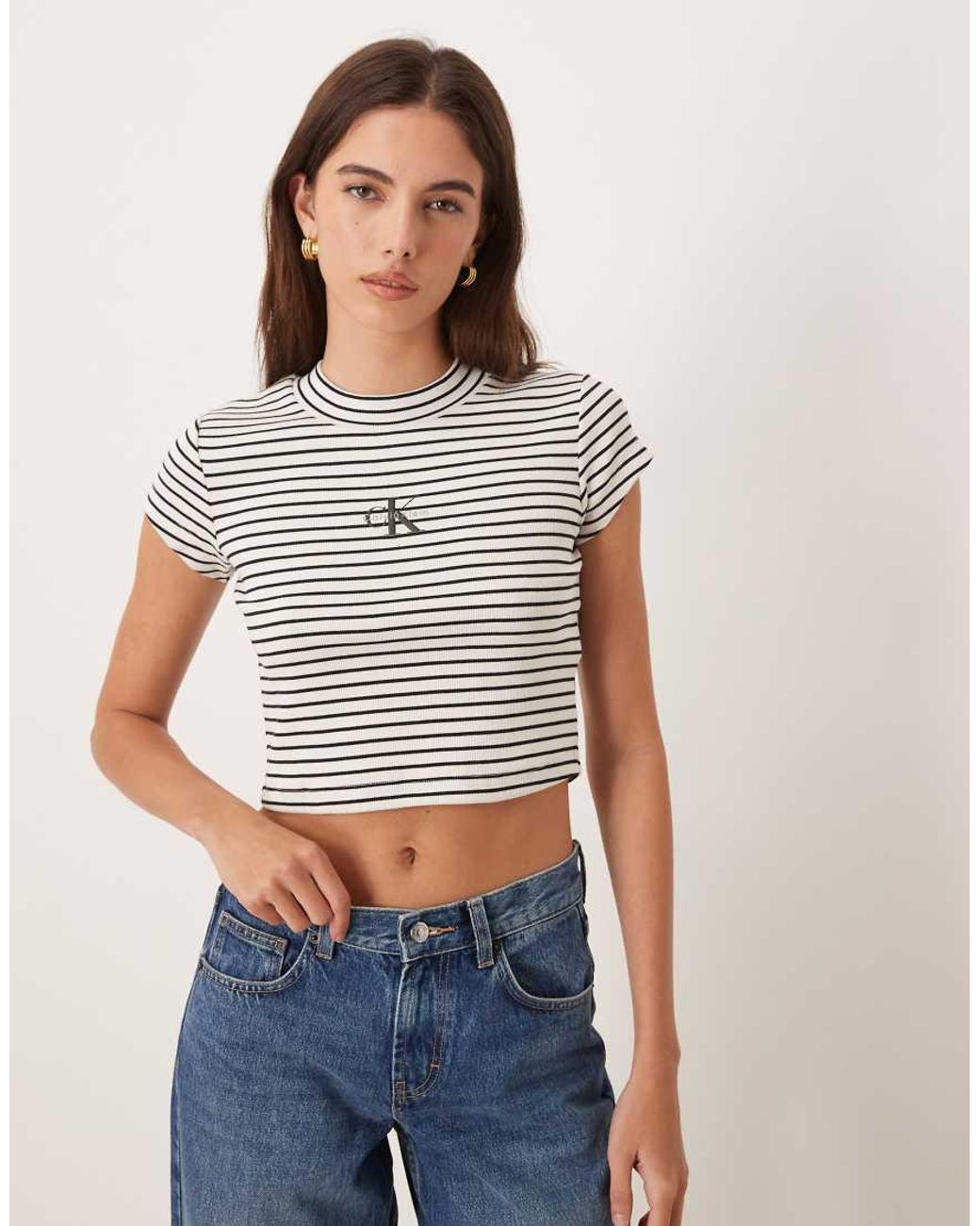 Calvin Klein White Monologo High Neck Rib Baby Tee