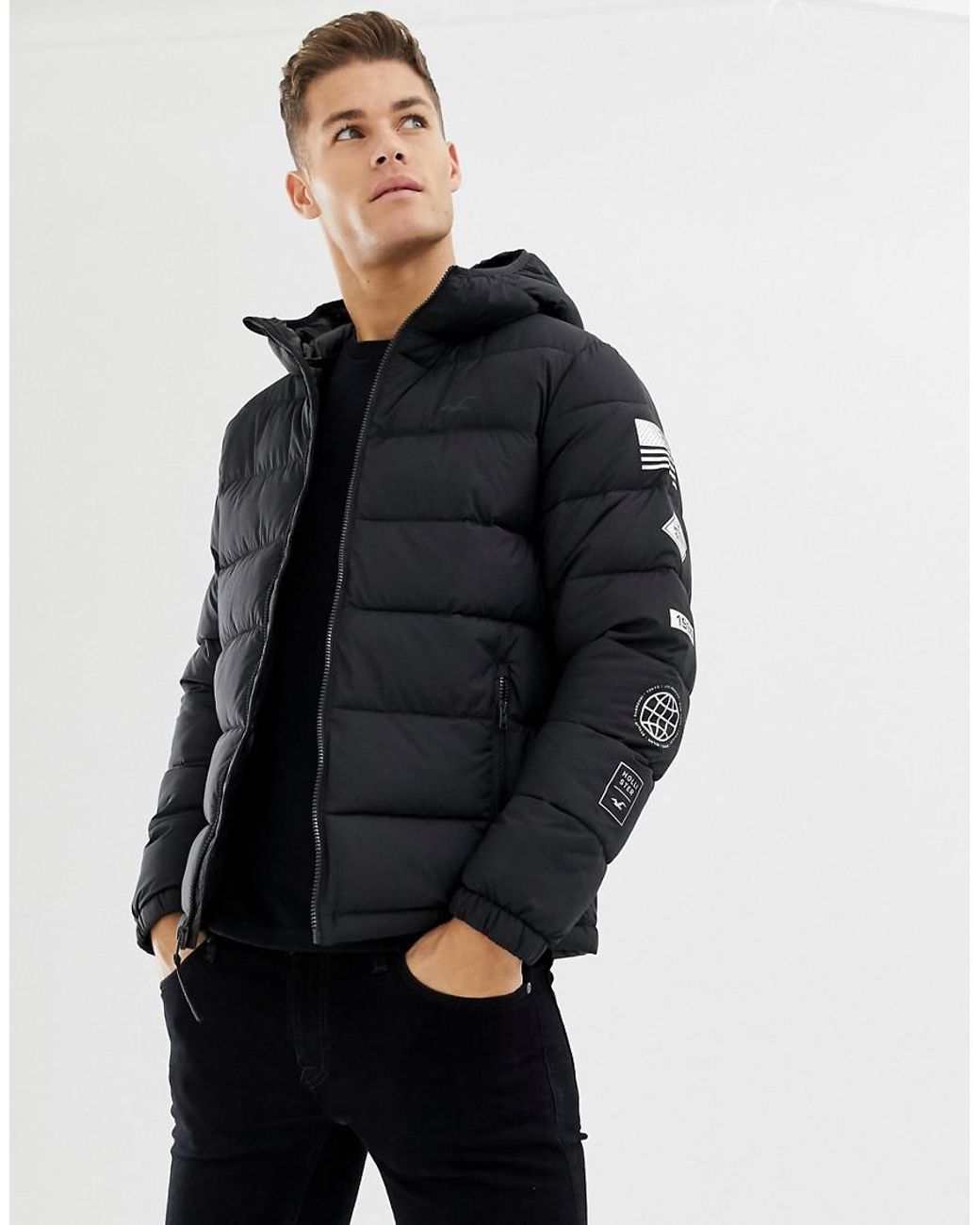 Hollister Hooded Puffer Jacket Icon Logo In Black for Men | Lyst