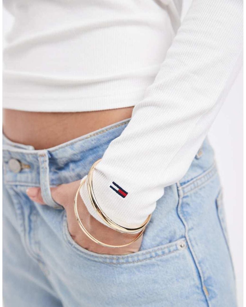 Tommy Hilfiger White Flag Logo Henley V-neck Long Sleeve T-shirt