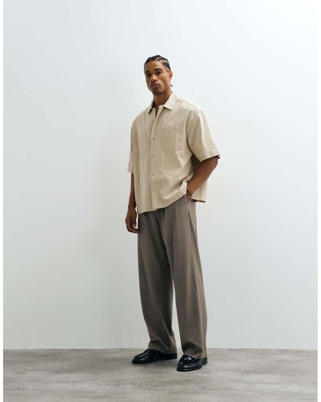 ASOS Natural Boxy Oversized Revere Stripe Shirt for men