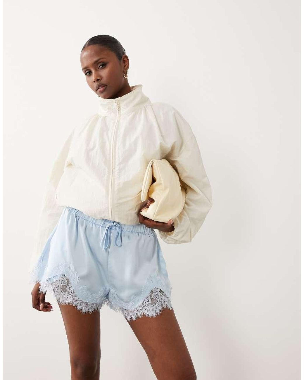 Noughts & Kisses Blue Lace Trim Tie Waist Satin Shorts