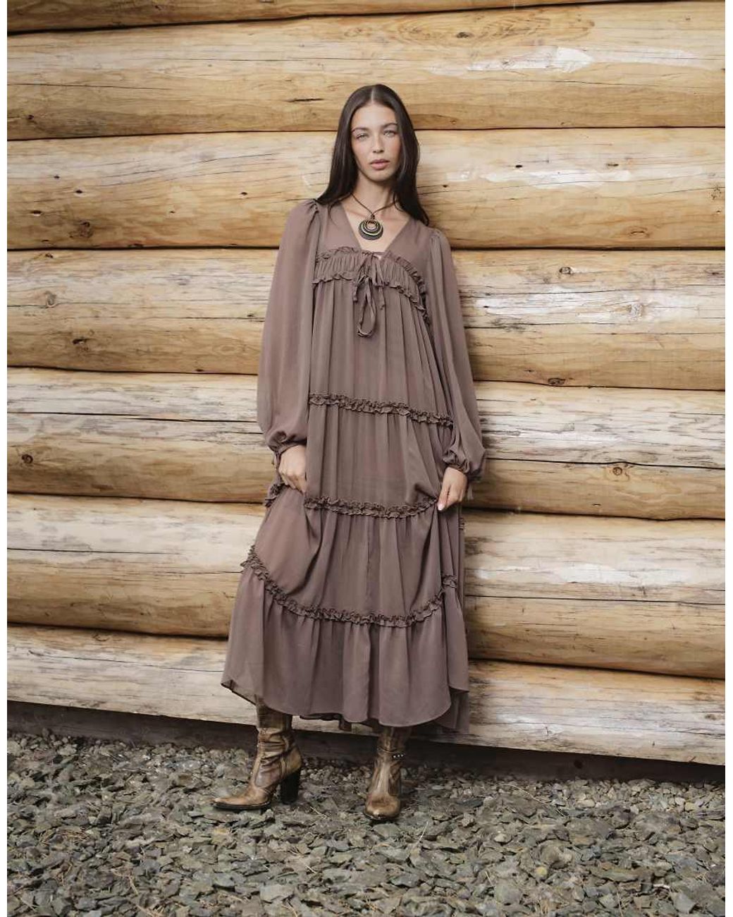 Daisy Street Natural Boho Chiffon Midi Dress With Ruffle Detailing