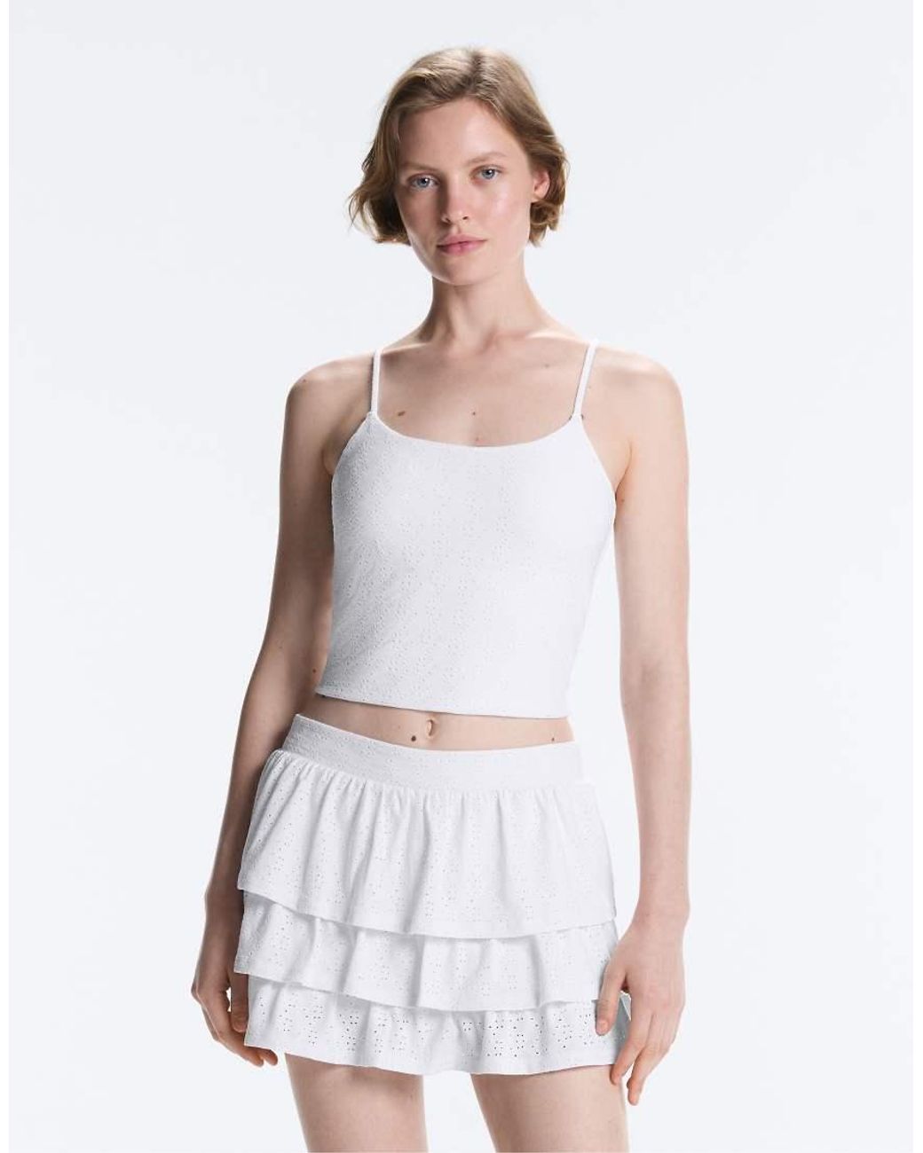 Oysho White Embroidered Comfortlux Tank Top