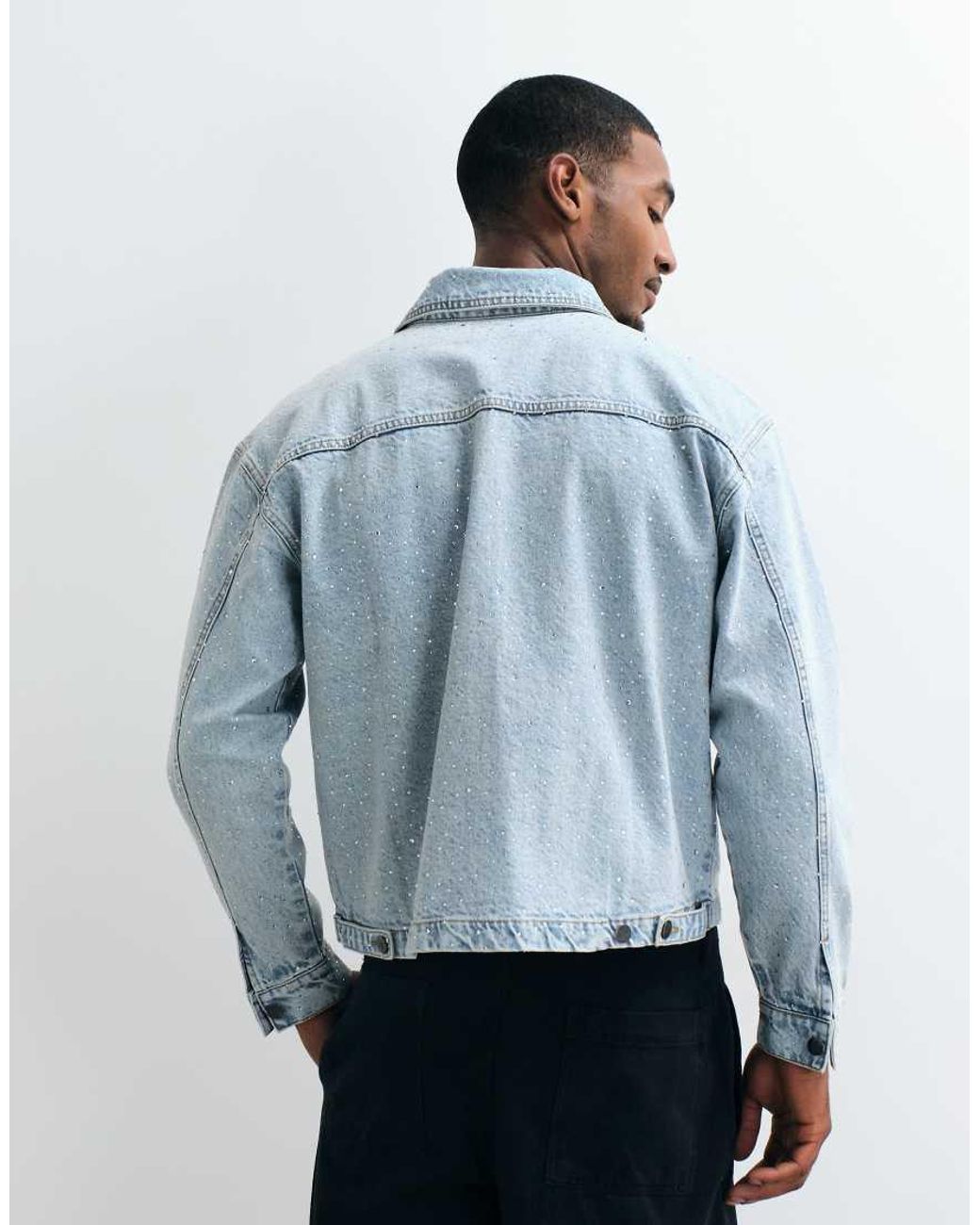Liquor N Poker Blue Boxy Rhinestone Detail Denim Jacket for men