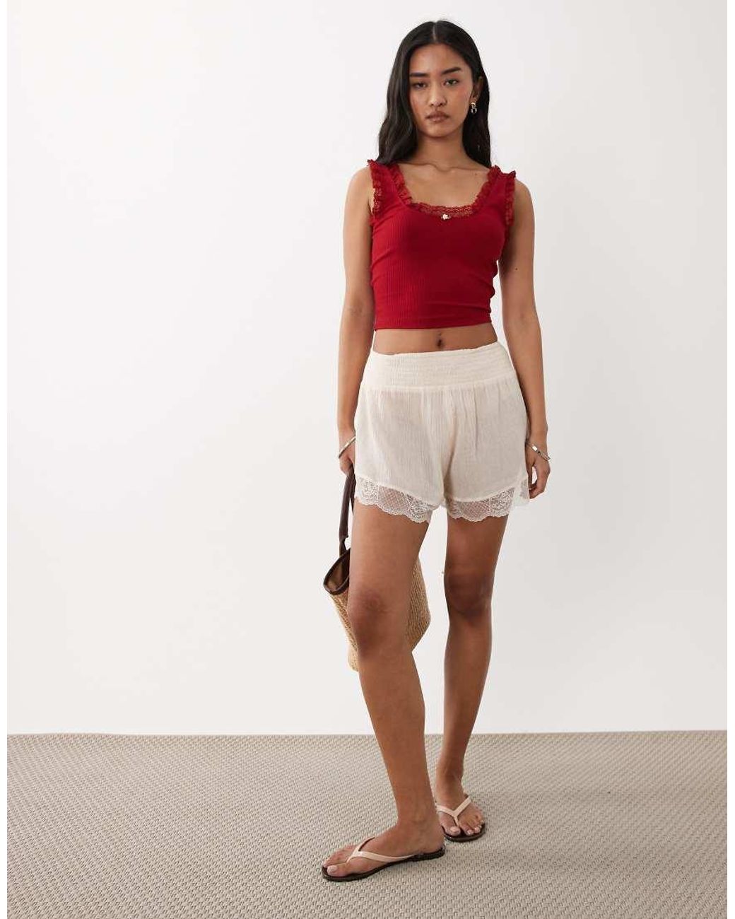 Miss Selfridge Red Ribbed Vest Top With Lace Detail