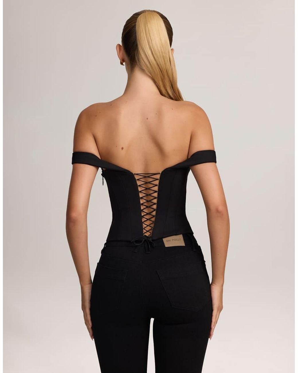 Oh Polly Black Ponte Bardot Mesh Plunge V-neck Corset Top