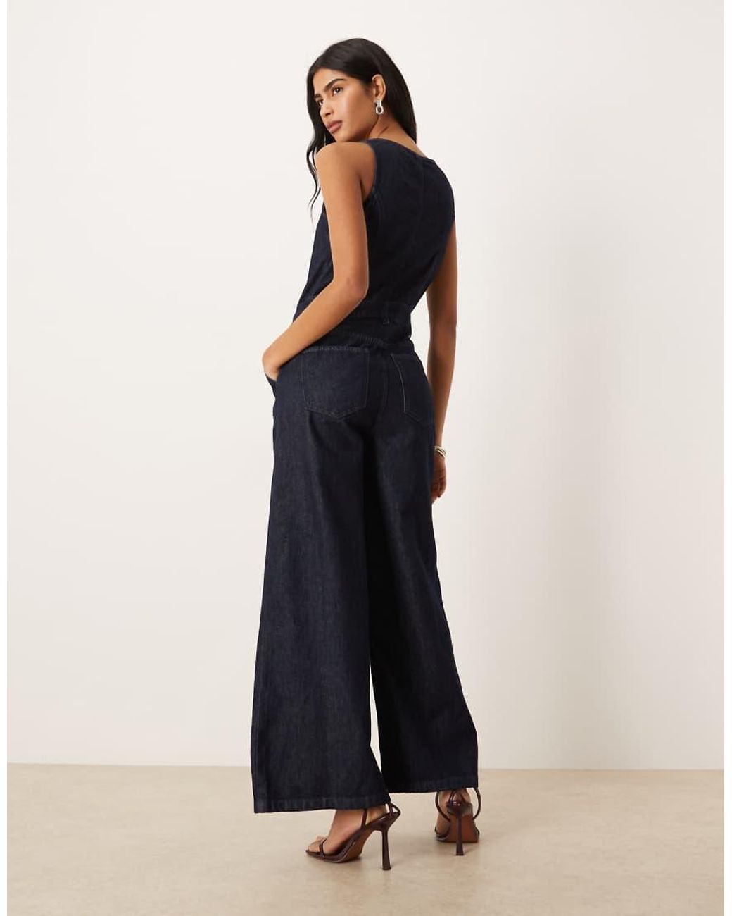 ASOS Blue Wide Leg Denim Jumpsuit With Button Front