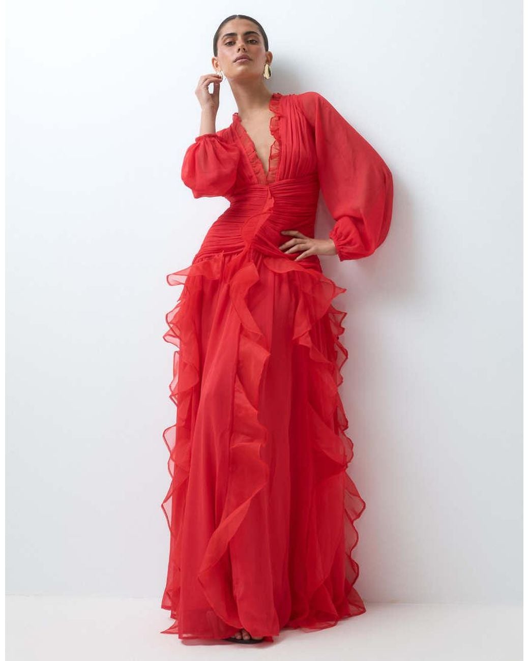ASOS Red Ruched Long Sleeve Maxi Dress With Waterfall Detail