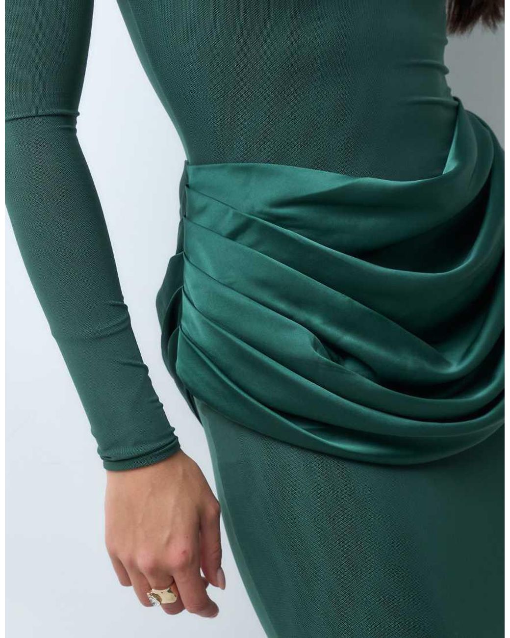Wanderdoll Green Eman Sculpted Satin Drape Waist Shoulder Pad Detail Maxi Dress