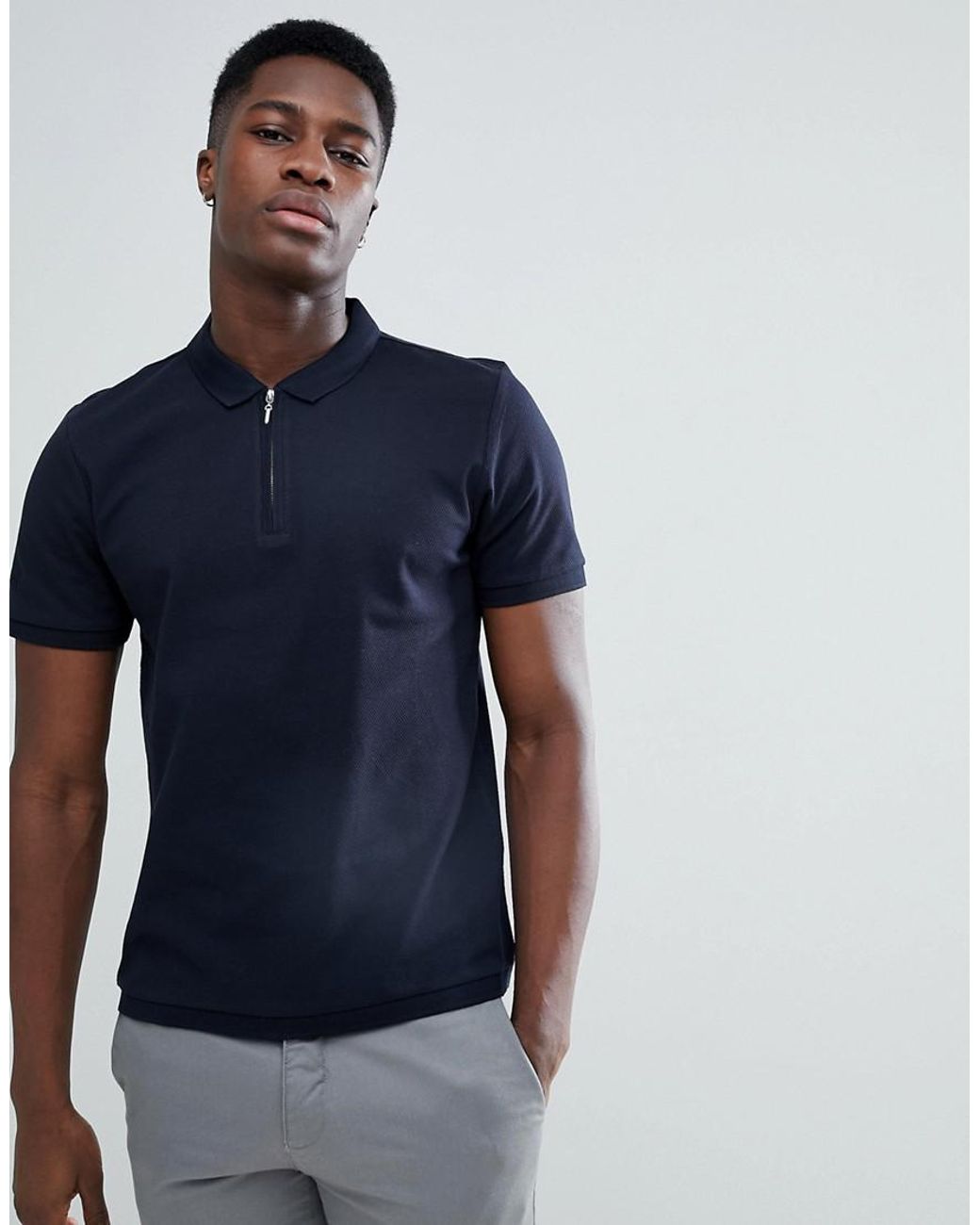 Jack & Jones Denim Premium Polo Shirt With Zip Neck in Navy (Blue) for Men  | Lyst Canada