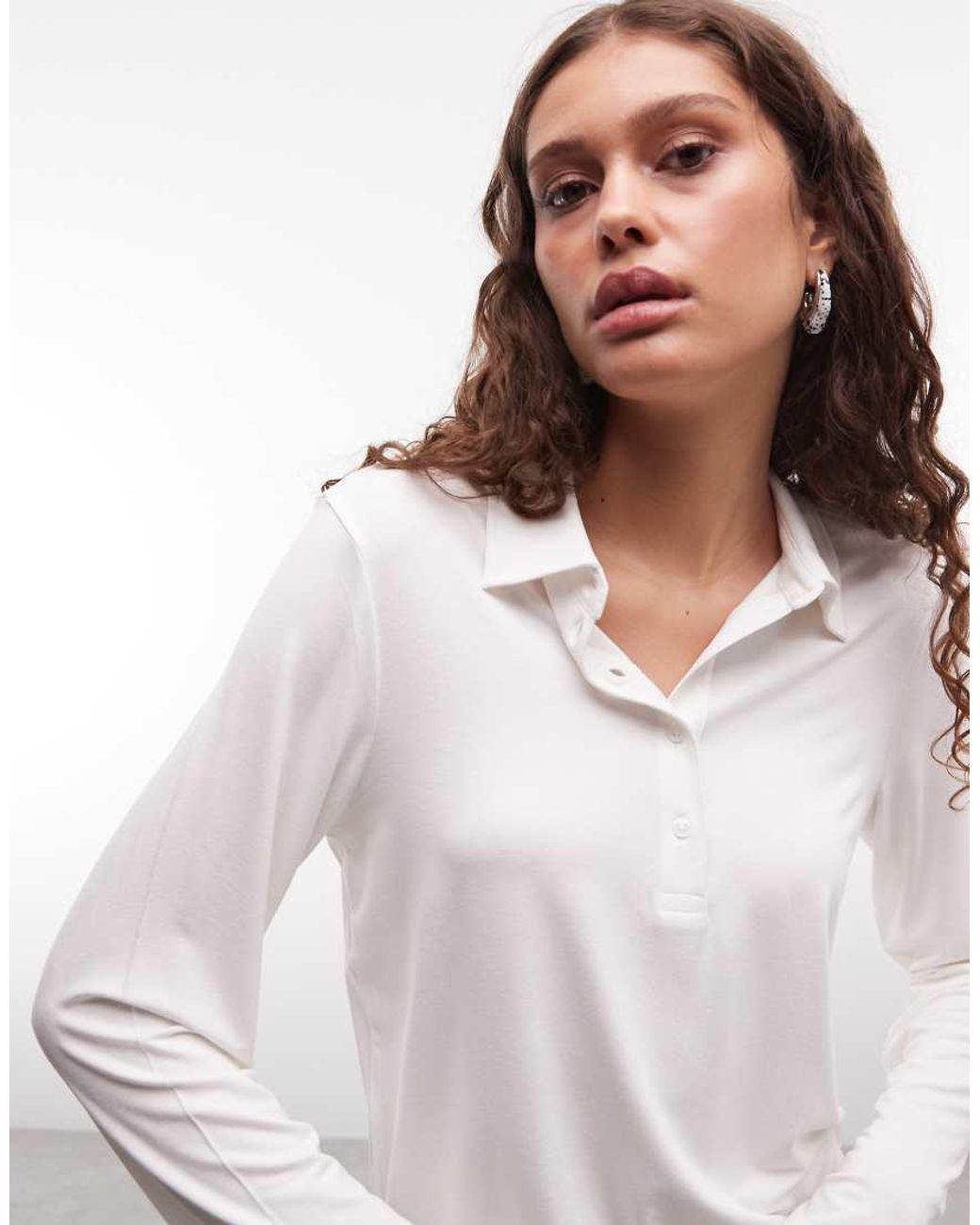 Monki White Long Sleeve Polo Top