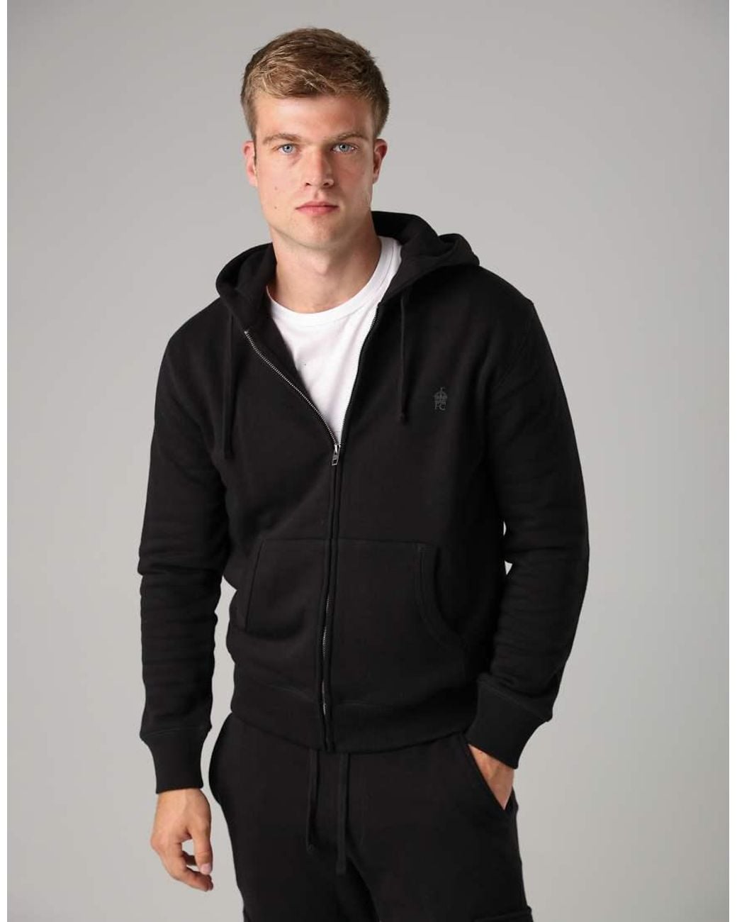 French Connection Black Cotton Blend Zip Hoody for men