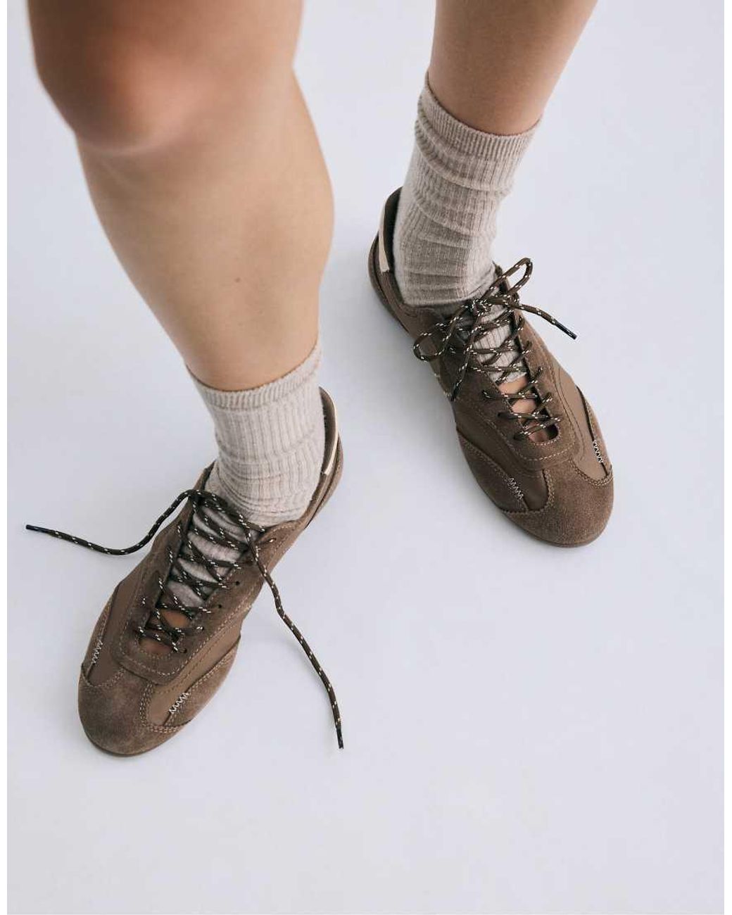 Stradivarius Brown Lace-Up Leather Detail Sneakerinas