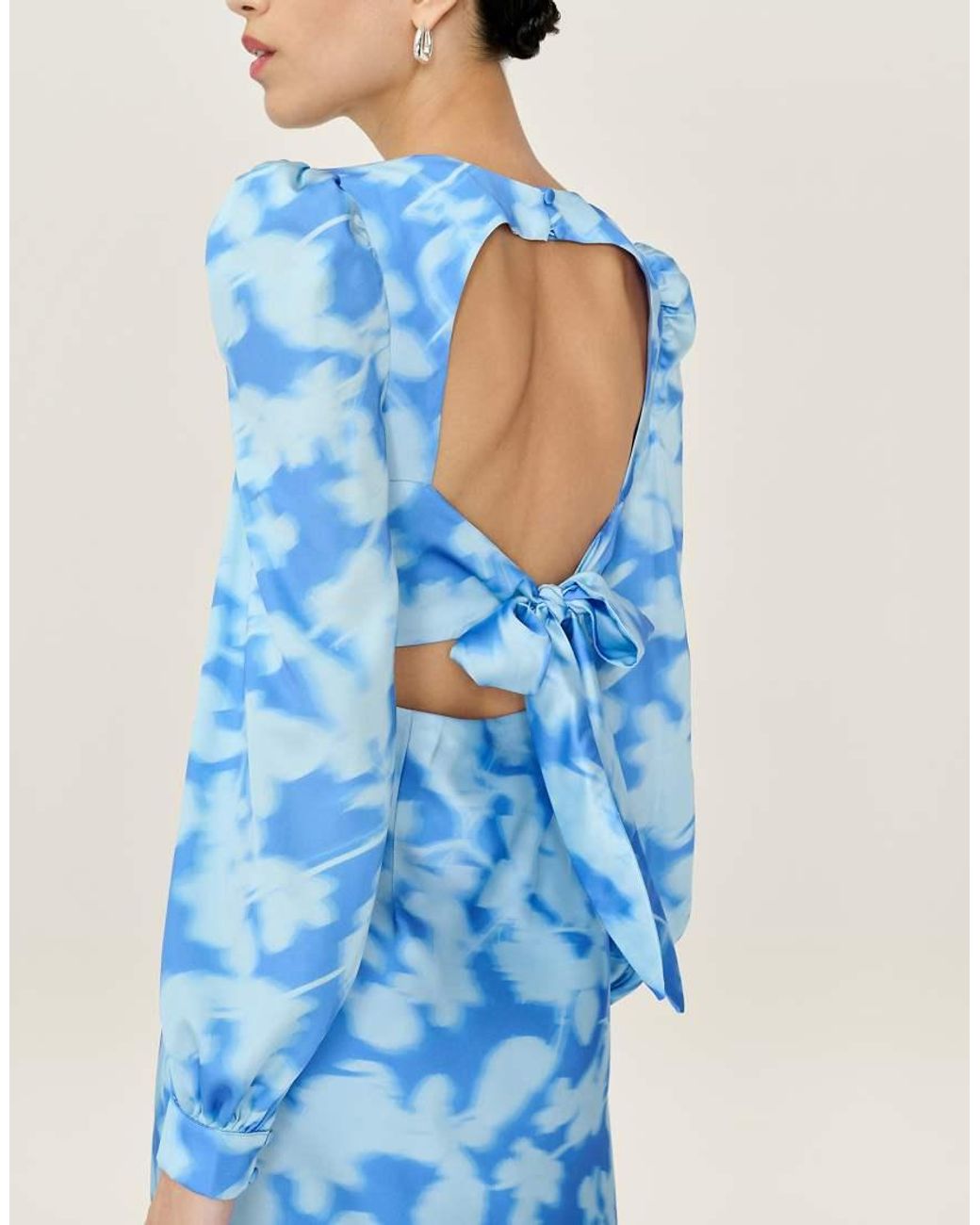 OMNES Blue Dresses Francoise Long Sleeve Floral Satin Maxi Dress With Open Back