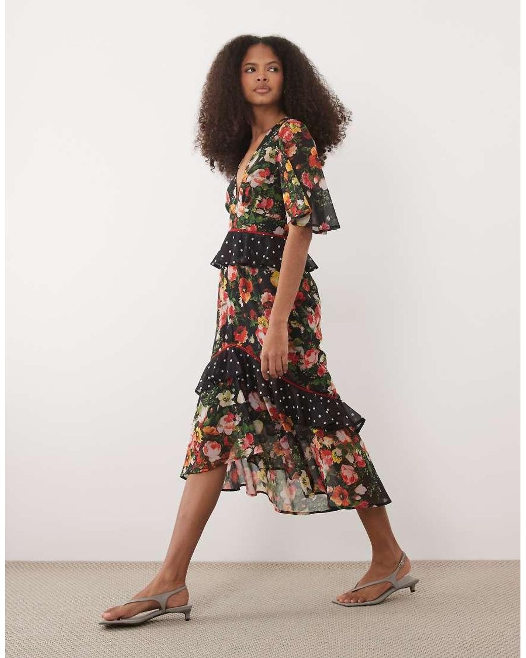 Hope & Ivy Natural Midi Tea Dress With Peplum Waist