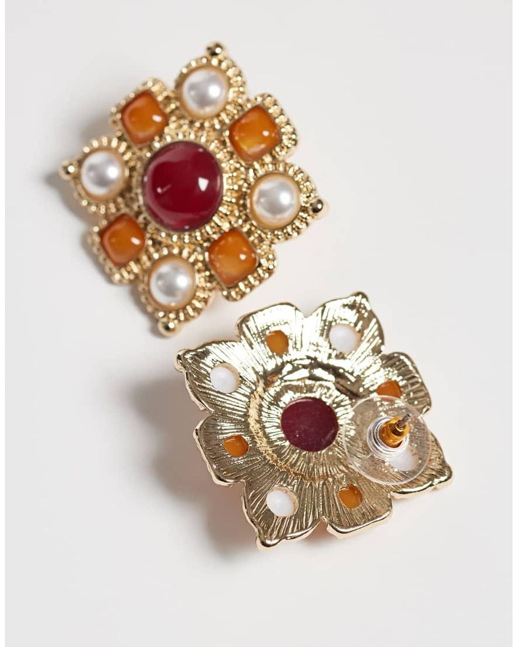 Reclaimed Vintage White Style Studs With Pearl And Faux Semi Precious Stone Details