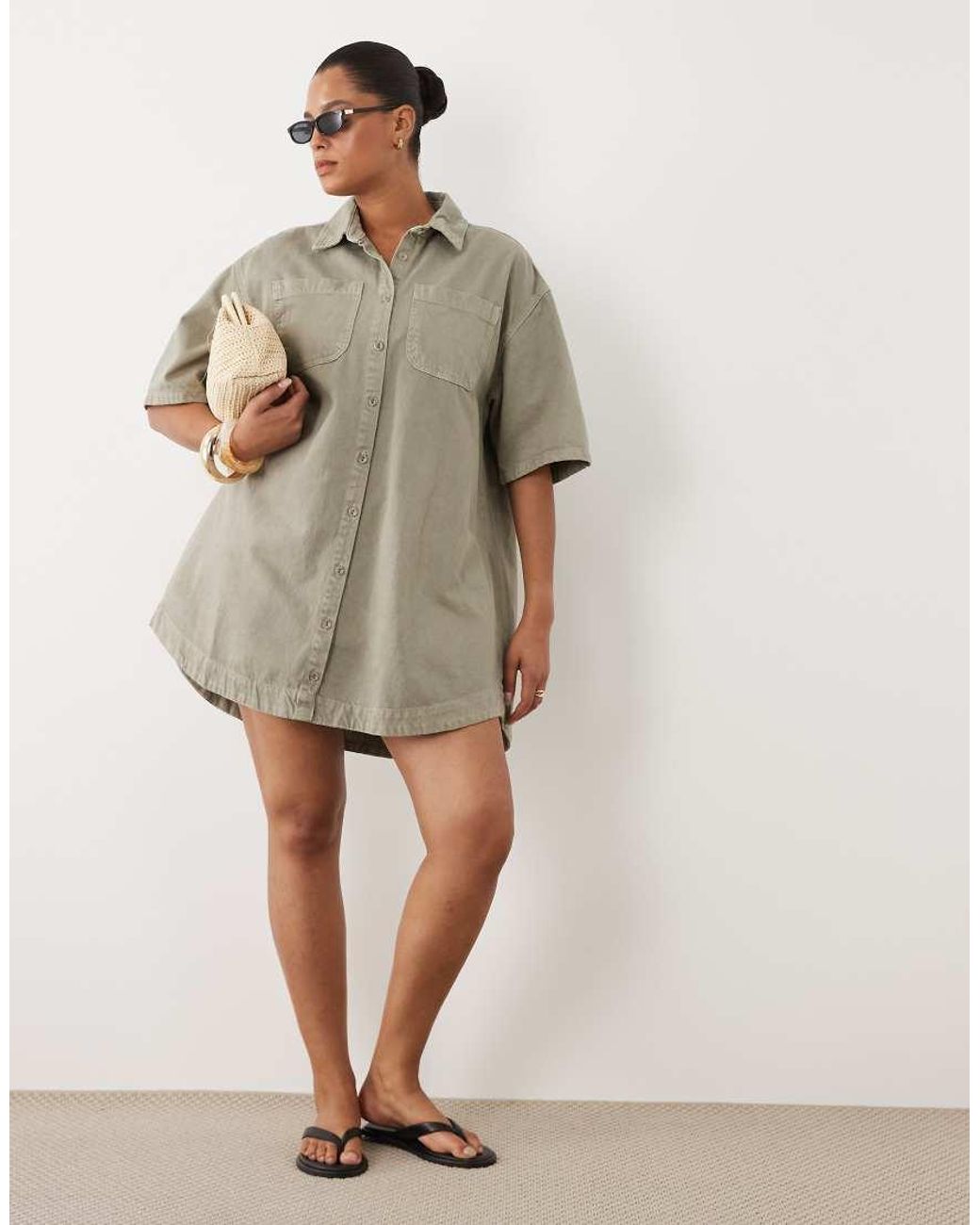 ASOS Green Asos Design Curve Denim Boxy Shirt Dress With Pocket Detail