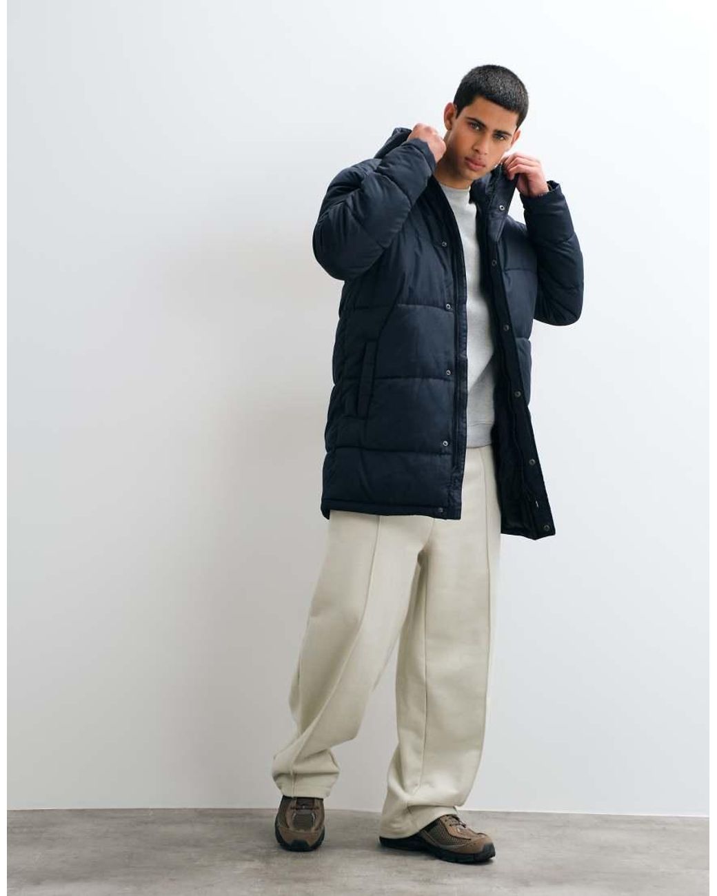 Blend Blue Longline Zip Through Hooded Puffer Jacket for men