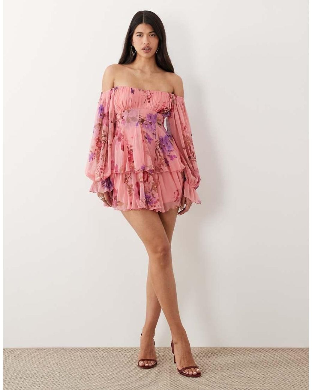 ASOS Pink Double Layer Off Shoulder Godet Mini Dress