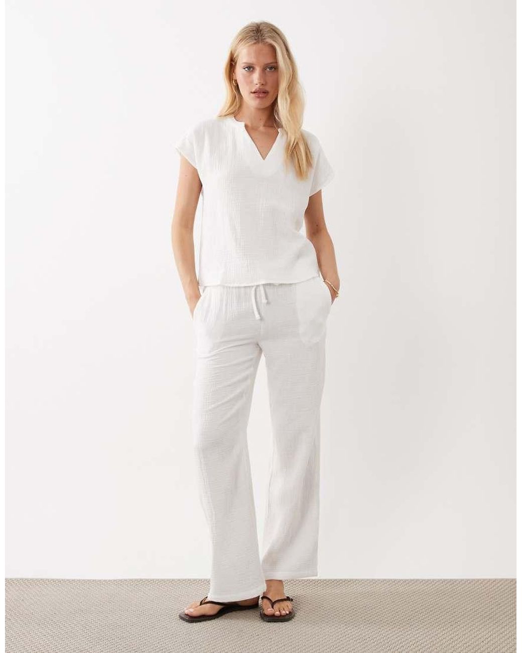 Jdy White Split Neck Short Sleeve Cheesecloth Top Co-ord